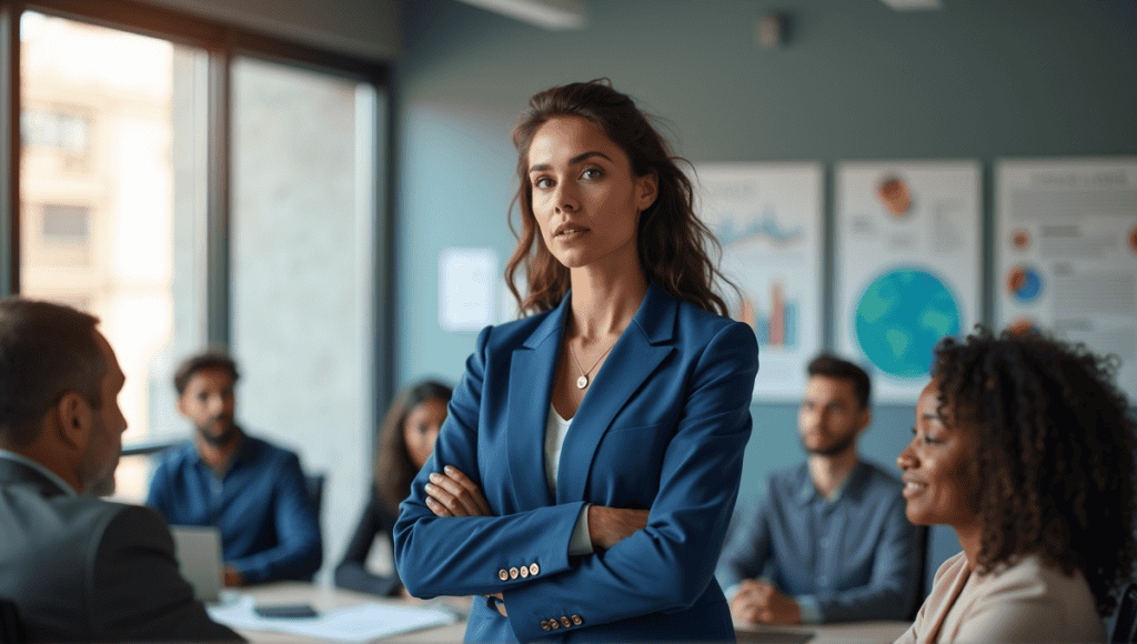 Confident businesswoman in blue suit discussing Agile concepts with colleagues in modern office.