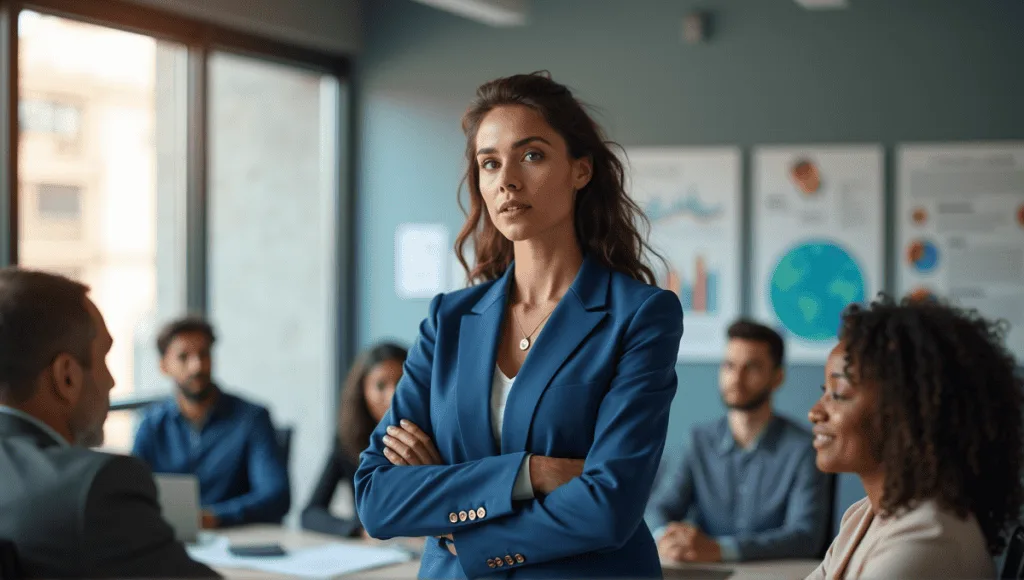 Confident businesswoman in blue suit discussing Agile concepts with colleagues in modern office.