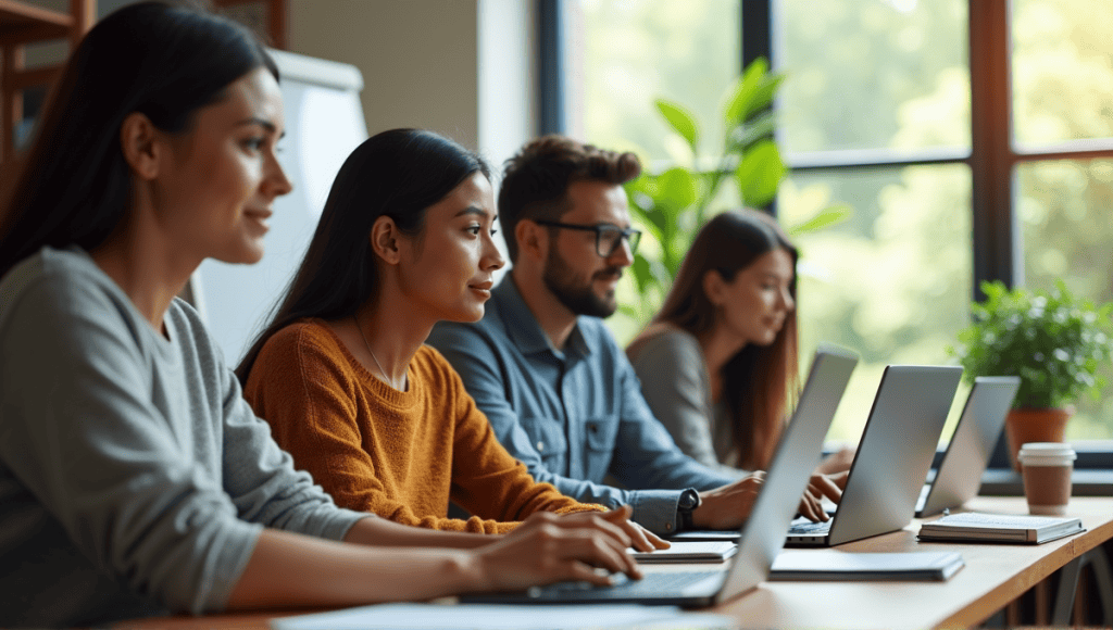 Group of focused learners in a modern workspace participating in an online course.