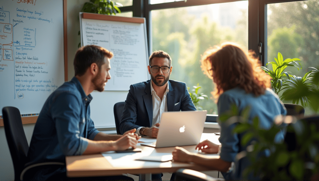 A team of agile testers collaborating in a modern office, focused on problem-solving.