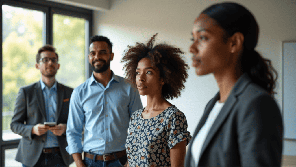 Group of professionals in business casual attire participating in a stand-up meeting.