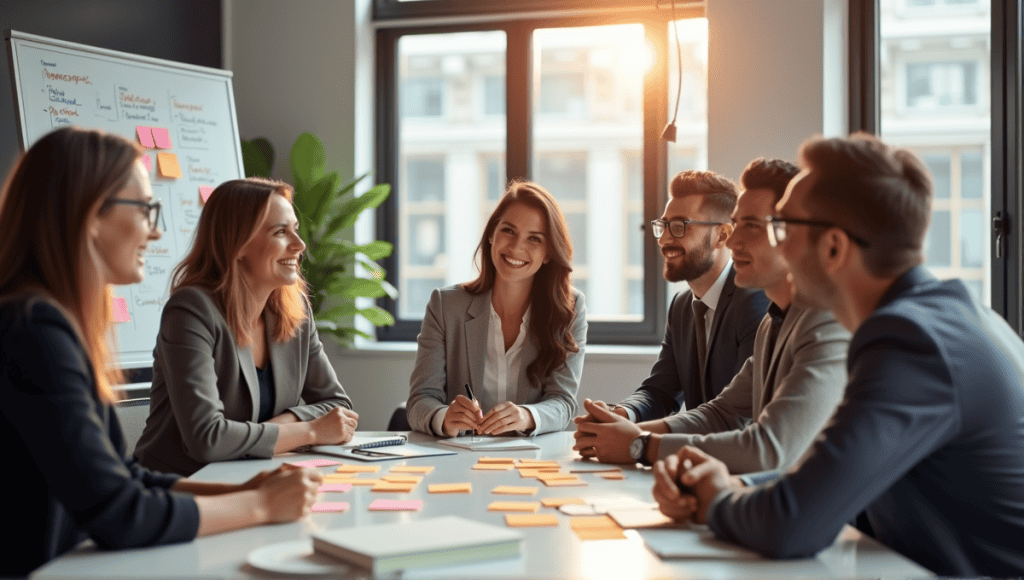 Group of professionals discussing Scrum values with sticky notes in a modern office.