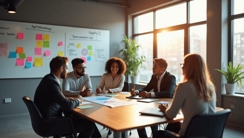 Modern office with professionals collaborating around a large table, discussing Agile methodologies.