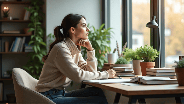 Thoughtful young woman at a modern desk, surrounded by books and notes, gazing outside.