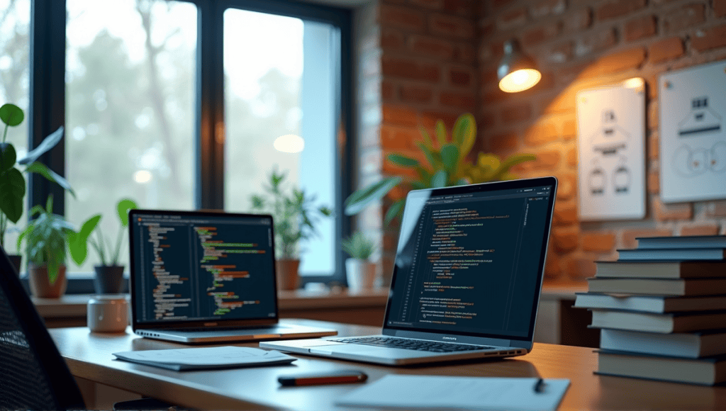 Modern workspace with laptop, programming books, and development tools for Test Driven Development.