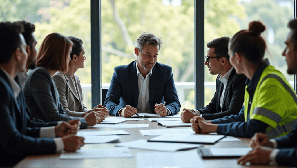 Group of professionals in business attire discussing around a conference table with project management tools.