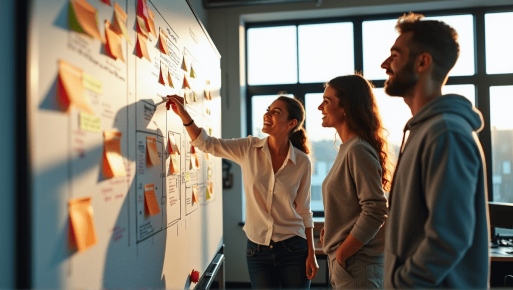 Scrum team collaborating at a whiteboard with colorful sticky notes in a modern office.