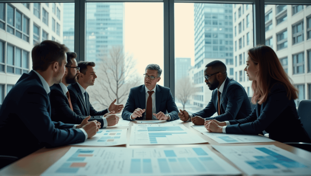 Professionals discussing the Dynamic Systems Development Method in a modern conference room.