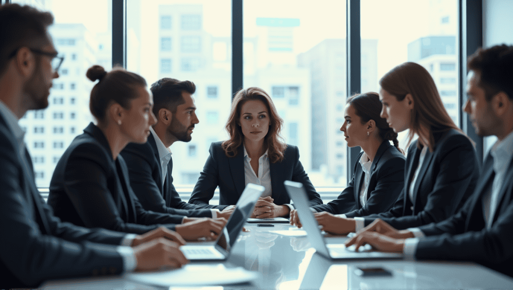 Group of professionals in business attire discussing risk prioritization at a conference table.