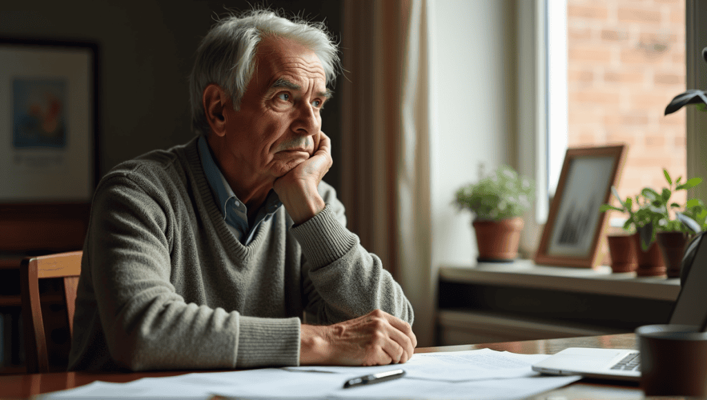 Thoughtful older man reflecting on financial documents at a wooden table, showcasing wisdom.