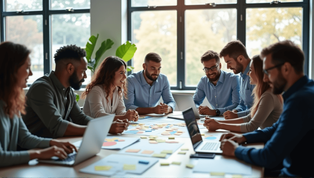 Professionals collaborating around a table filled with post-it notes and laptops in a modern office.