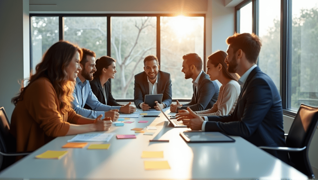 Professionals collaborating at a modern conference table with project management tools.