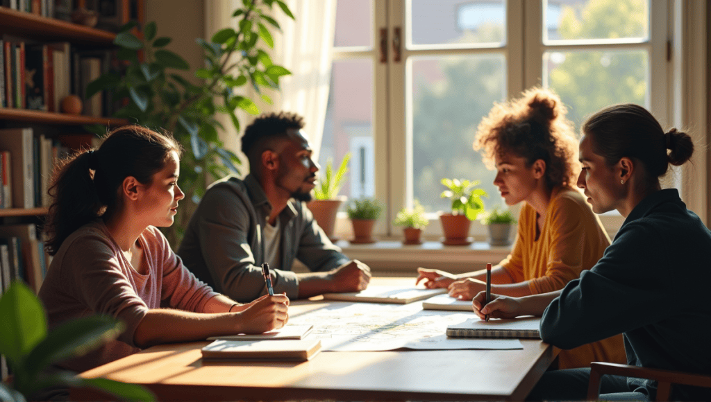 Group of individuals practicing reflective techniques: journaling, mind mapping, and discussing insights.