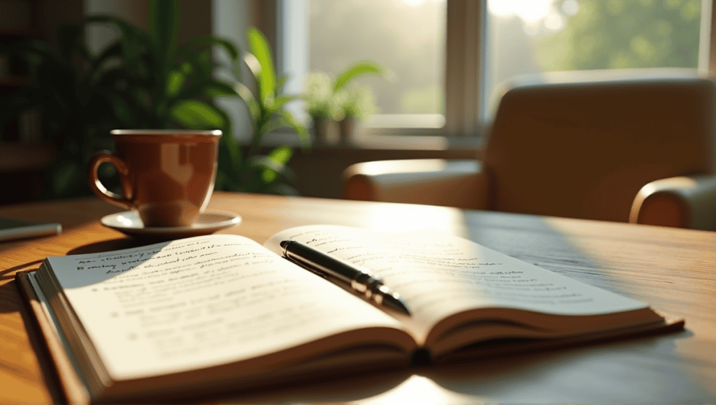 Serene study space with wooden desk, open notebooks, sleek pen, and natural light.