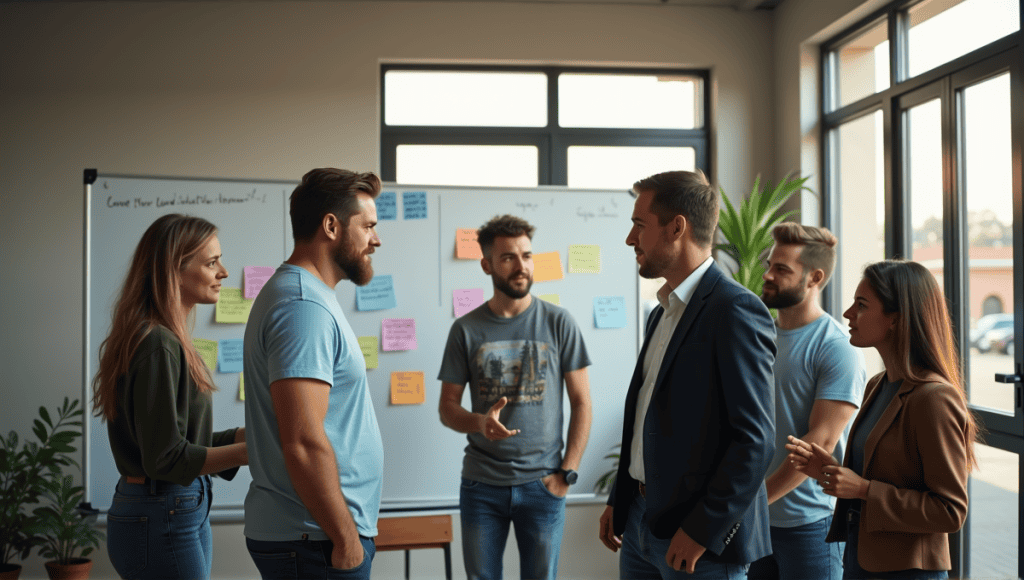 Agile team members discuss strategies in a collaborative workspace with colorful notes on whiteboard.