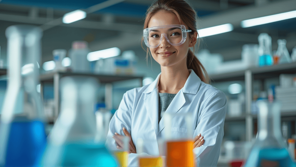 Portrait of a confident woman scientist in a lab coat, surrounded by scientific equipment.