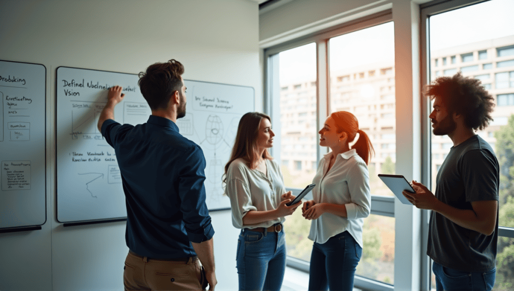 Group of professionals brainstorming together, surrounded by whiteboards filled with diagrams and notes.