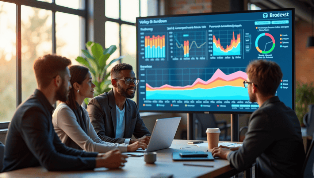 Collaborative workspace with professionals analyzing project metrics on a large screen with colorful graphs.