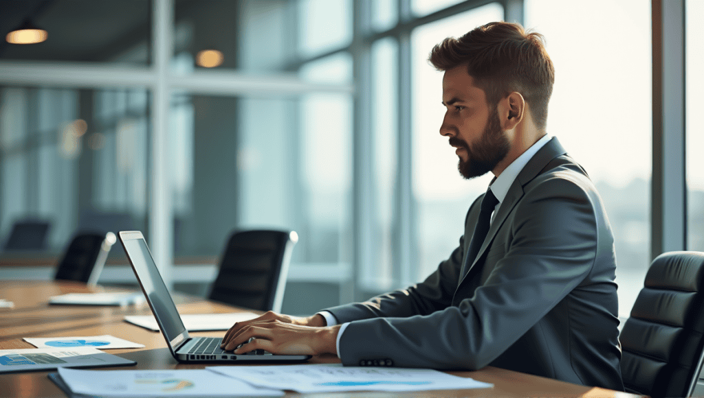 Business professional in gray suit analyzing data on laptop in modern office.