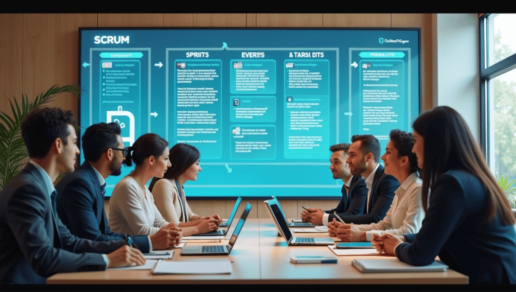 Organized workspace showcasing Scrum framework with professionals collaborating around a table and digital board.