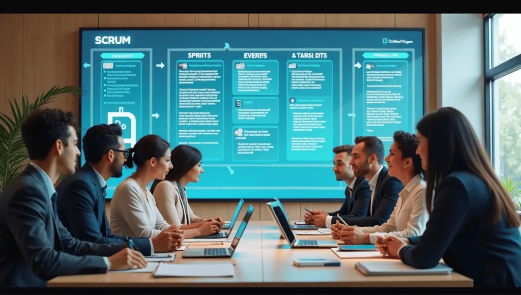 Organized workspace showcasing Scrum framework with professionals collaborating around a table and digital board.
