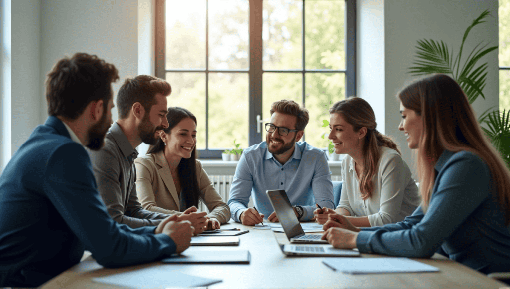 Group of professionals collaborating at a conference table in a modern office setting.