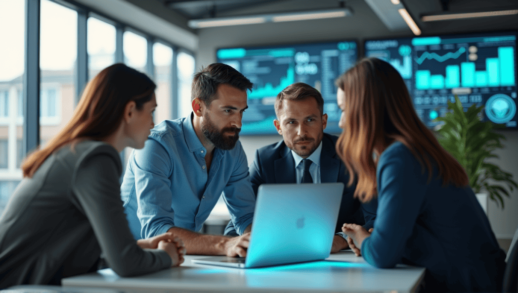 Team of professionals collaborating over a laptop in a modern office focused on cybersecurity.