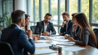 Professionals engaged in a discussion around a conference table with documents and devices.