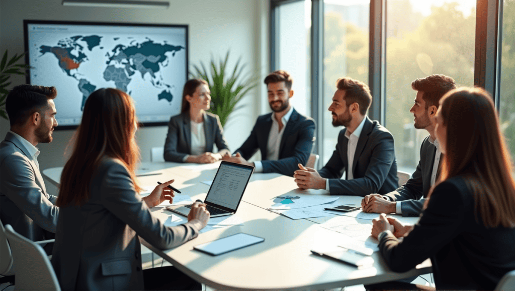 Team of professionals discussing risk monitoring strategies at a modern conference table.