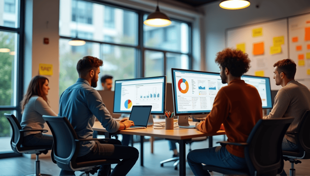 Modern office with Agile testers collaborating, analyzing metrics on laptops and screens.