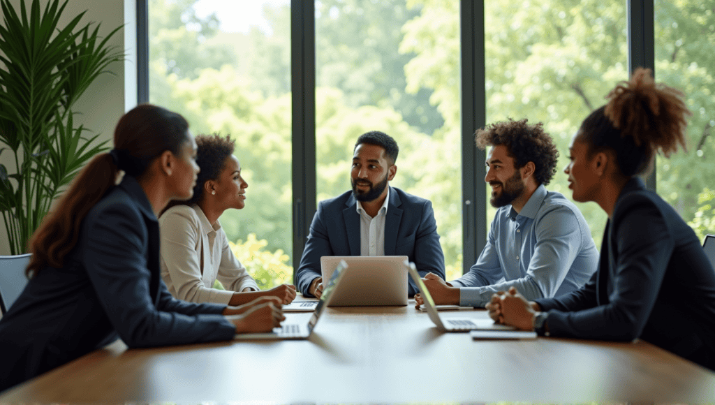 Group of professionals in smart casual attire collaborating at a conference table.