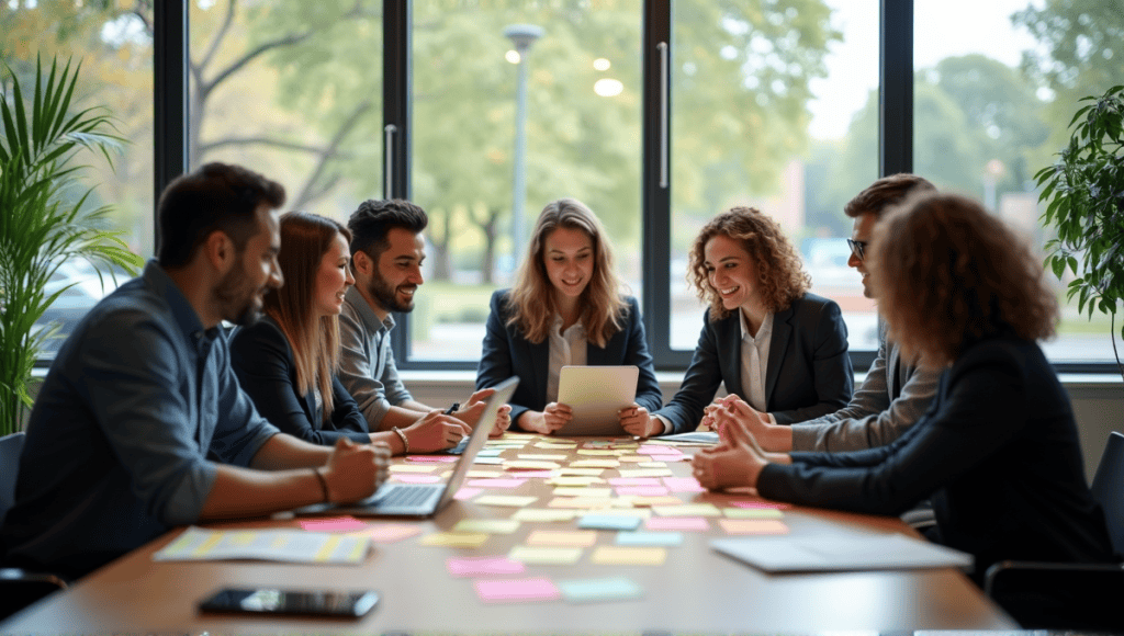 A team of professionals collaborating over a table with sticky notes and devices.