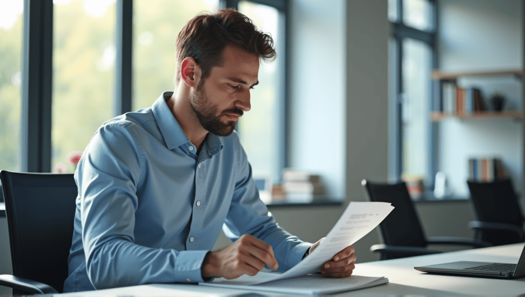 Person in smart casual attire reading about SAFe certification at a modern desk.