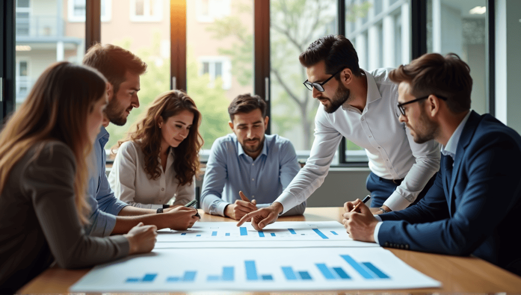 Group of professionals discussing a risk burndown chart in a modern office setting.