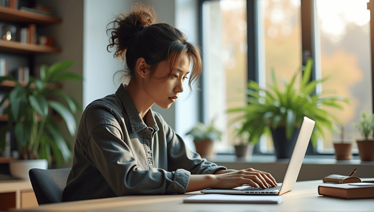 Young professional in casual smart attire focused on laptop with agile certification resources.