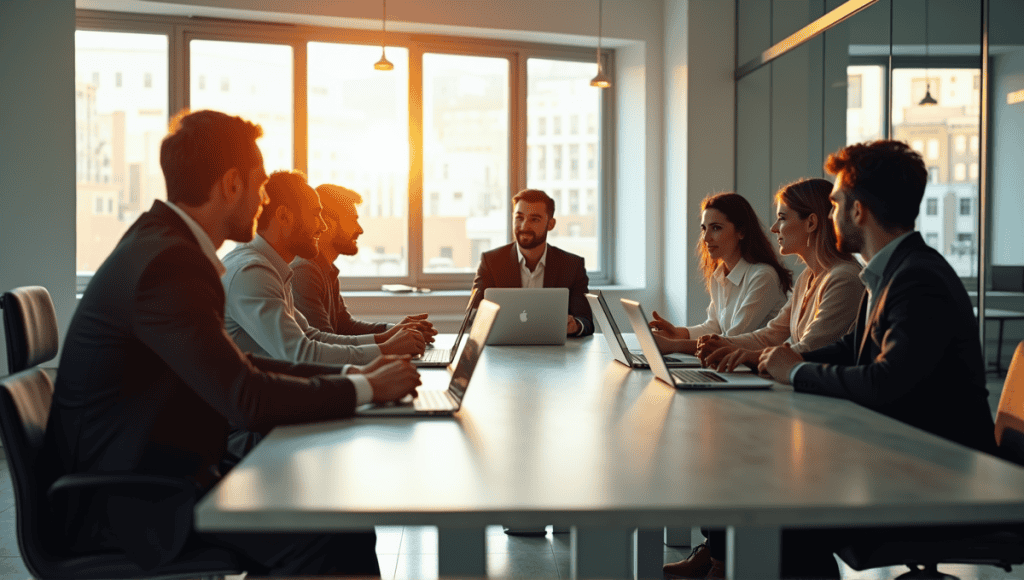 Professionals collaborating in a modern office during an agile ceremony around a conference table.