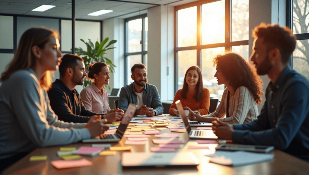 Group of professionals collaborating in a modern office during an Agile goal-setting session.