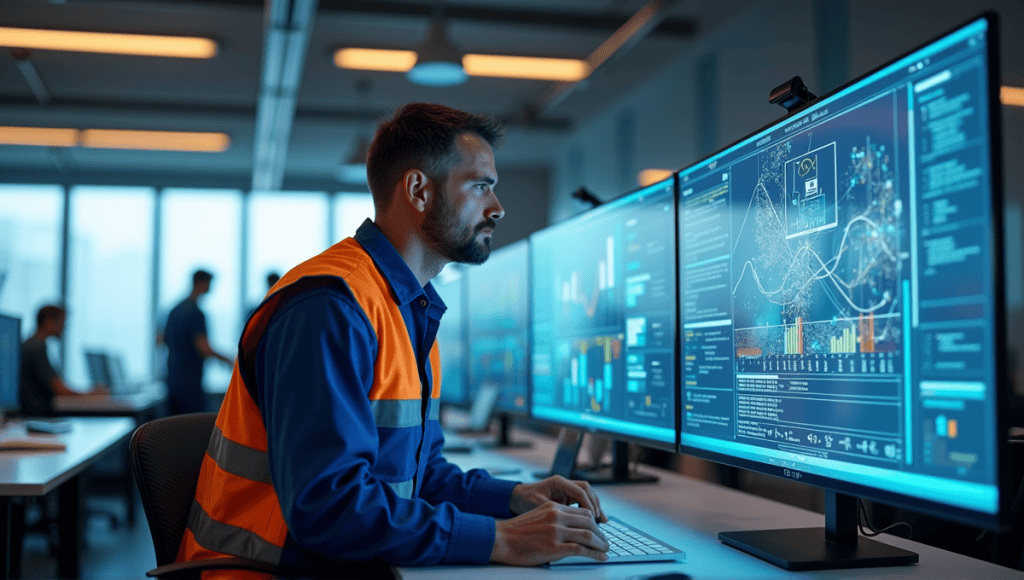 Engineer in blue overalls analyzing software diagrams in a modern office space.