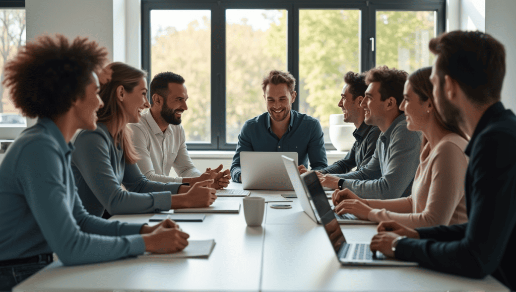 Group of professionals collaborating on agile project release planning at a modern office table.