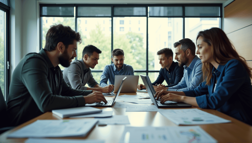 Group of engineers collaborating around a table with laptops and technical diagrams in a modern office.