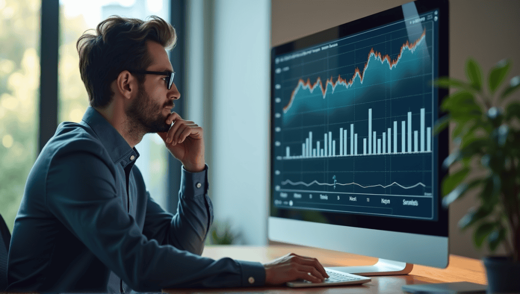 Analyst in smart casual attire analyzing risk burndown chart in a professional office setting.