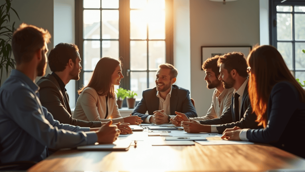 Group of professionals collaborating in a modern office meeting, sharing project ideas and discussions.