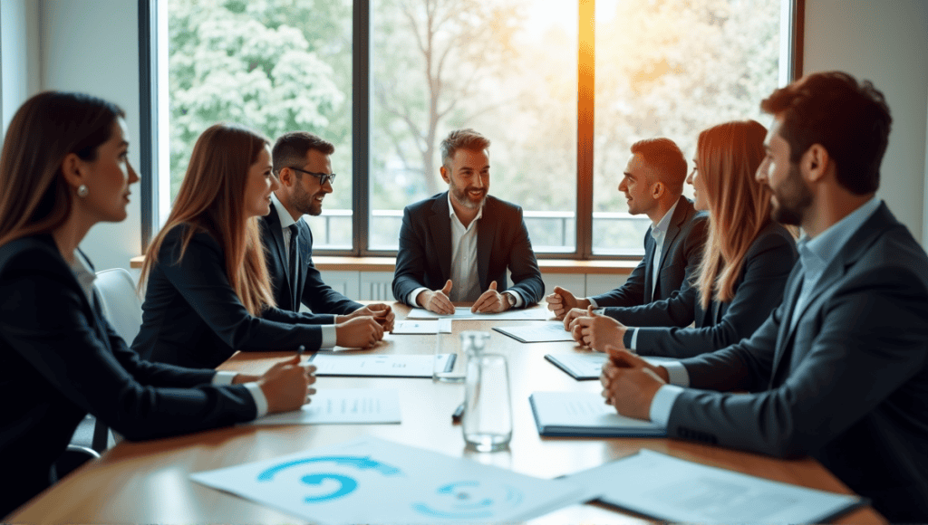 Professionals in business attire collaborate around a table, focused on stakeholder risk management strategies.