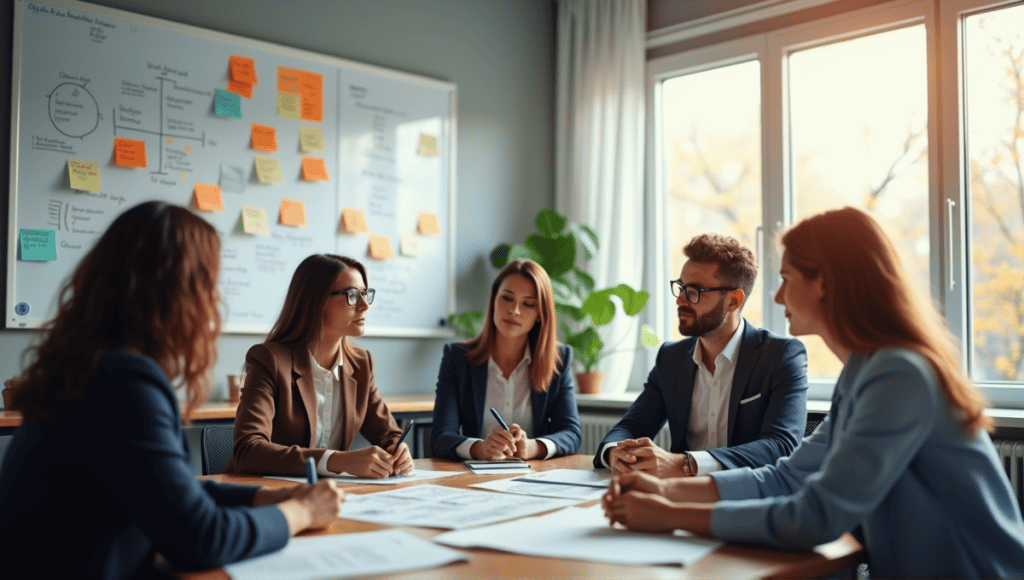 Group of professionals in smart casual attire collaborating in a modern office meeting.