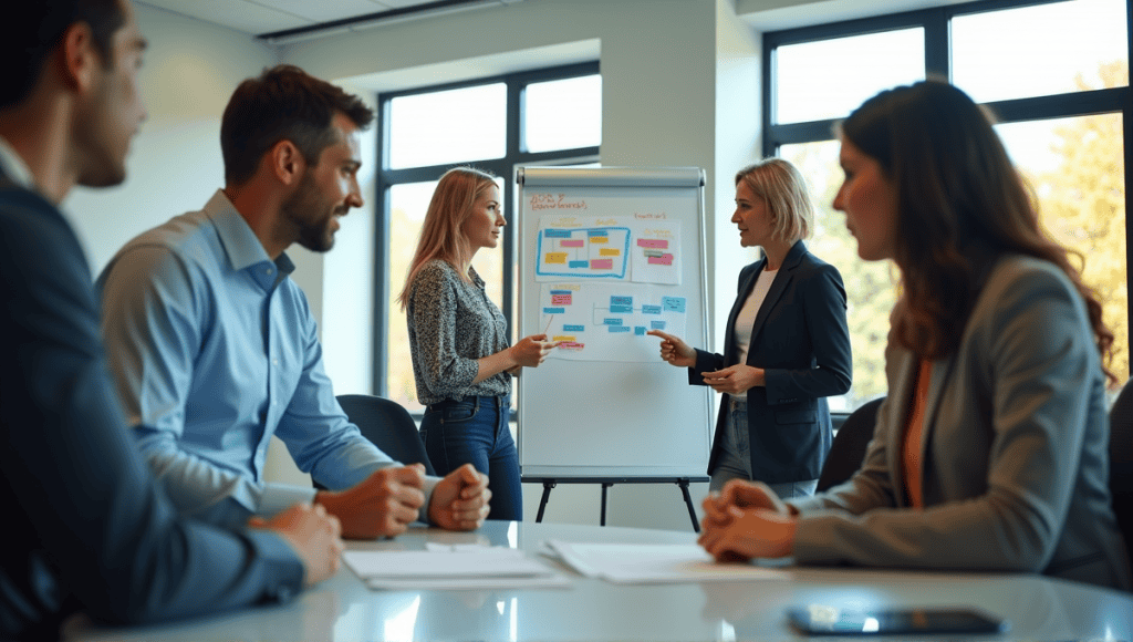 Group of professionals collaborating on Agile project lifecycle in a modern office setting.