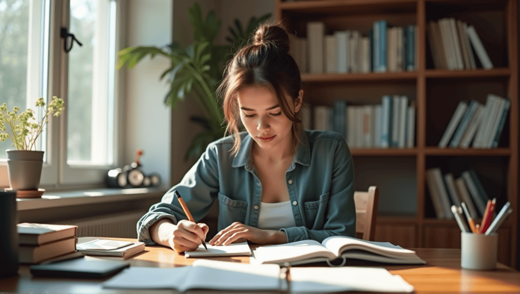 Focused individual studying for Scrum certification exam at a modern wooden desk.