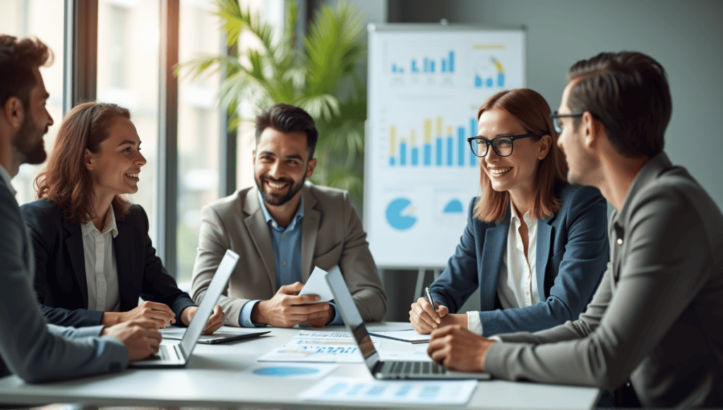 Group of professionals collaborating in a modern office with laptops and charts.