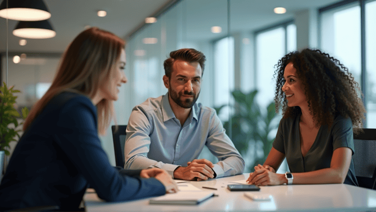 Group of professionals discussing around a modern conference table in a lively office.