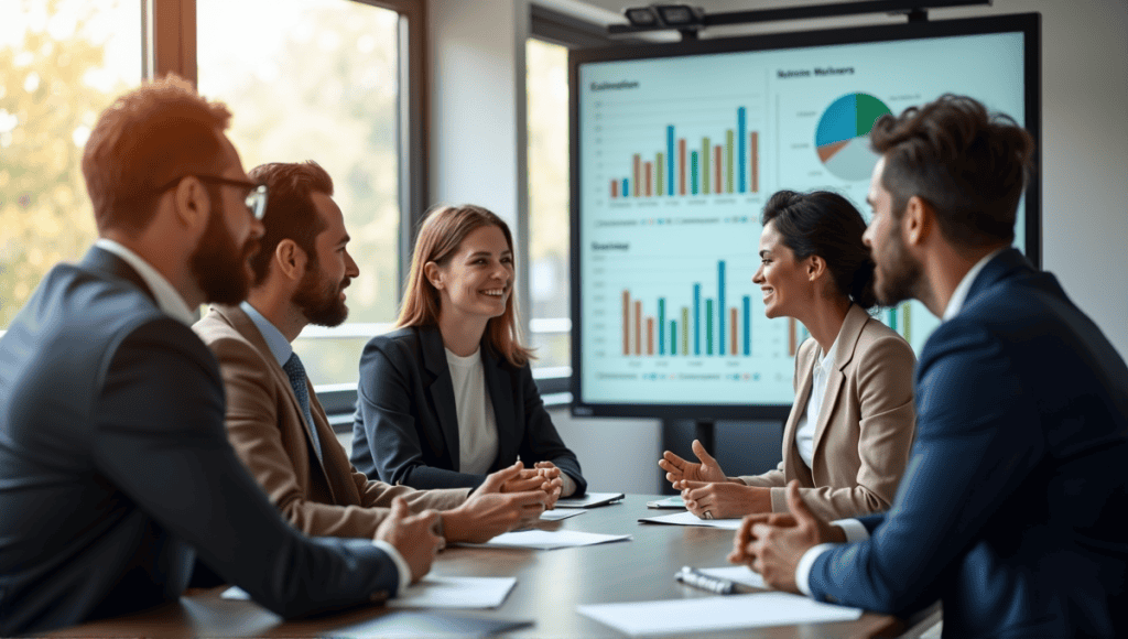 Group of professionals in business attire discussing charts at a modern conference table.