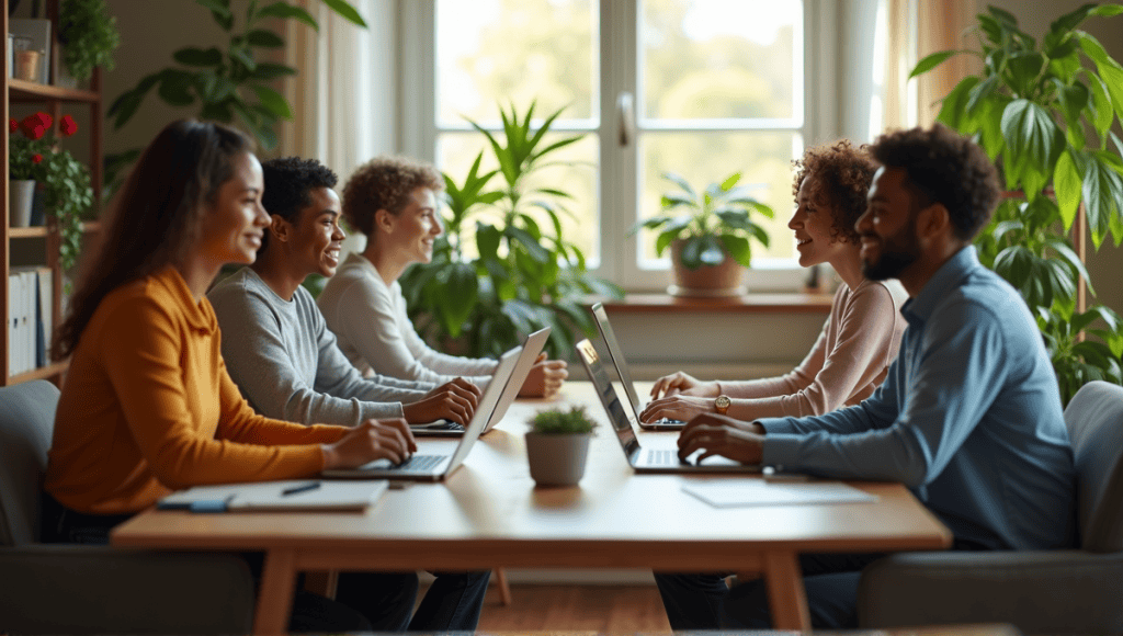 A group of remote team members engaged in a collaborative online meeting from home offices.